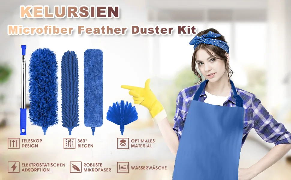 Microfiber Feather Duster, 5PCS Washable Cobweb Dusters for Cleaning Kit with 100" Extension Long Pole, Bendable Telescopic Duster for High Ceiling Fan, Blinds, Furniture & Cars Blue - duster