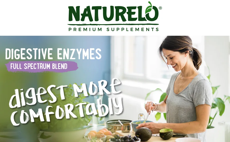 NATURELO Digestive Enzymes - Full Spectrum Support with a Broad Blend of 15 Enzymes Plus Ginger - 90 Vegan Capsules Digestion Support 90 Count (Pack of 1) - NATURELO, digestive support, whole food, multivitamin, digestion, Ginger, Vegan, Supplement