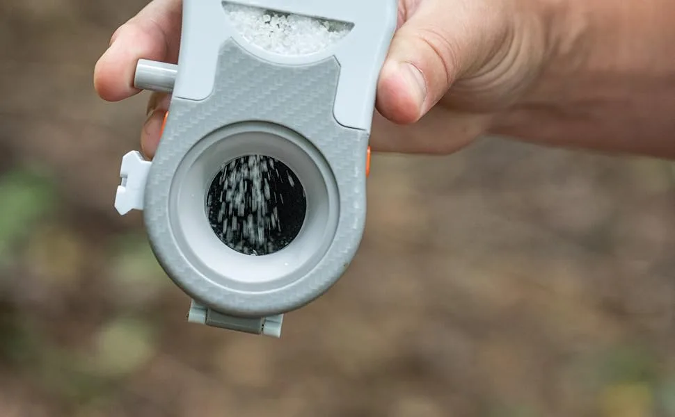 Saltshot Swatter | Insect, Bug and Fly Swatter | Launch 150 MPH Salt Blasts | Portable, Pocket Sized, Patented Speed Loader - Material stored in the hopper falls in the Jet Pack at the push of a button.