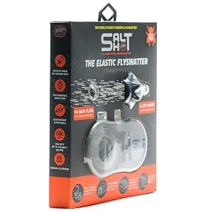 Saltshot Swatter | Insect, Bug and Fly Swatter | Launch 150 MPH Salt Blasts | Portable, Pocket Sized, Patented Speed Loader - Packaging