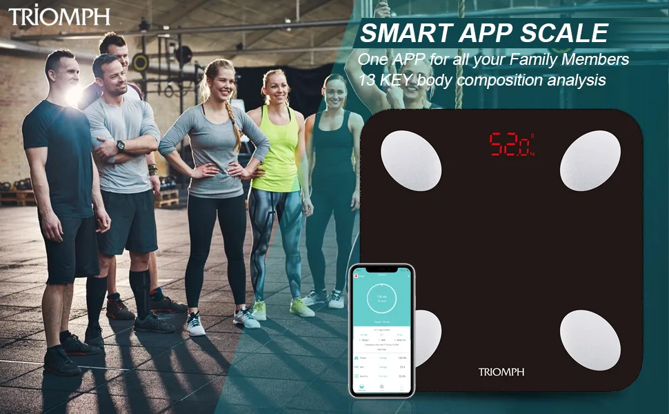 Triomph Smart Scale, Body Fat Scale with iOS and Android App Digital Bathroom Scale for Weight, Body Fat, Water, Muscle, BMI, Bone Mass Black - product information 2