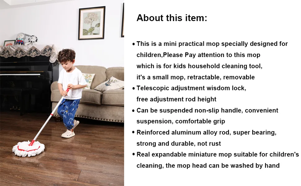 Xifando Mini Mop-Retractable, Removable, Small Cleaning Tool Mop one pole+two mop heads - Kids cleaning mop