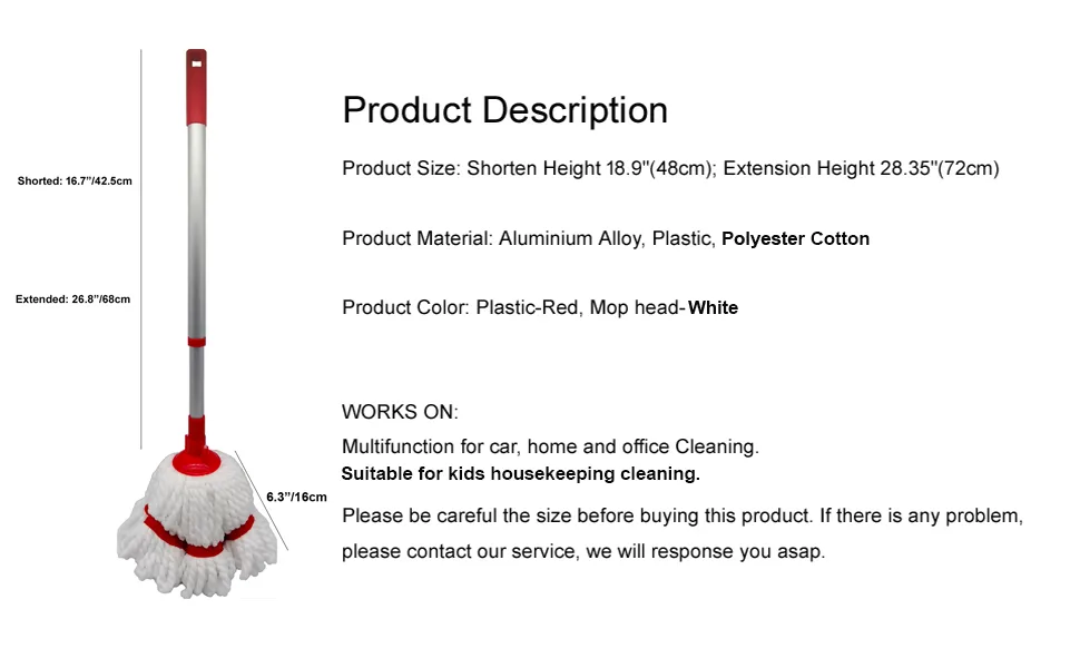 Xifando Mini Mop-Retractable, Removable, Small Cleaning Tool Mop one pole+two mop heads - Kids cleaning mop