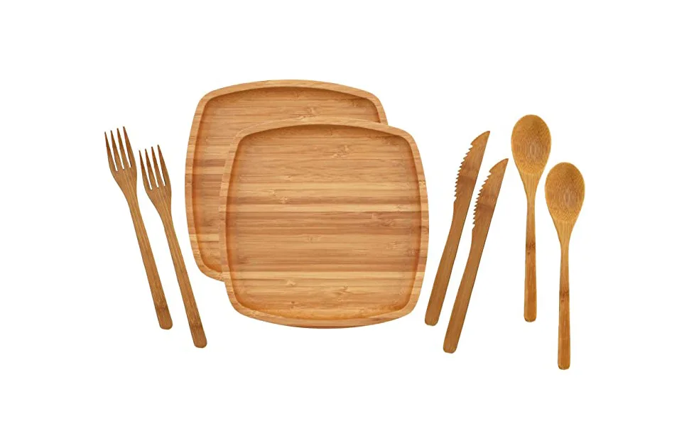 BambooMN Camping Mess Kit Lightweight Organic 8" x 8" Bamboo Plates, Forks, Knifes and Spoons for Camping, Hiking, or Backpacking - 2 Sets 8" Camping Mess Set 2 Sets - mess