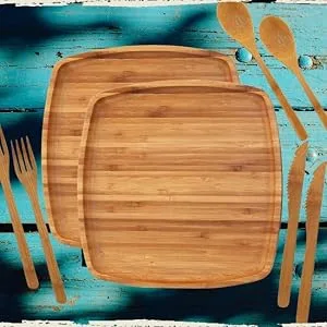 BambooMN Camping Mess Kit Lightweight Organic 8" x 8" Bamboo Plates, Forks, Knifes and Spoons for Camping, Hiking, or Backpacking - 2 Sets 8" Camping Mess Set 2 Sets - mess