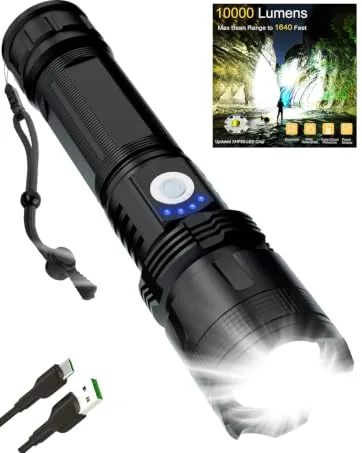 BERCOL Rechargeable LED Flashlights High Lumens, 100000 Lumens Super Bright Powerful Flashlights, 5 Modes, Waterproof Flashlight for Emergencies, Hiking Black - flashlights