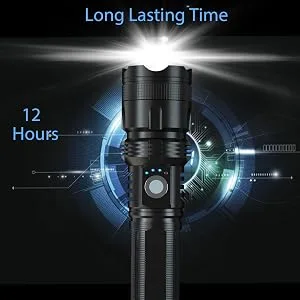 BERCOL Rechargeable LED Flashlights High Lumens, 100000 Lumens Super Bright Powerful Flashlights, 5 Modes, Waterproof Flashlight for Emergencies, Hiking Black - long lasting flashlight