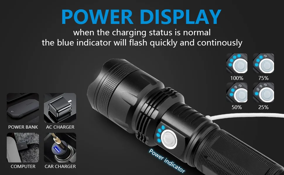 BERCOL Rechargeable LED Flashlights High Lumens, 100000 Lumens Super Bright Powerful Flashlights, 5 Modes, Waterproof Flashlight for Emergencies, Hiking Black - power flashlight