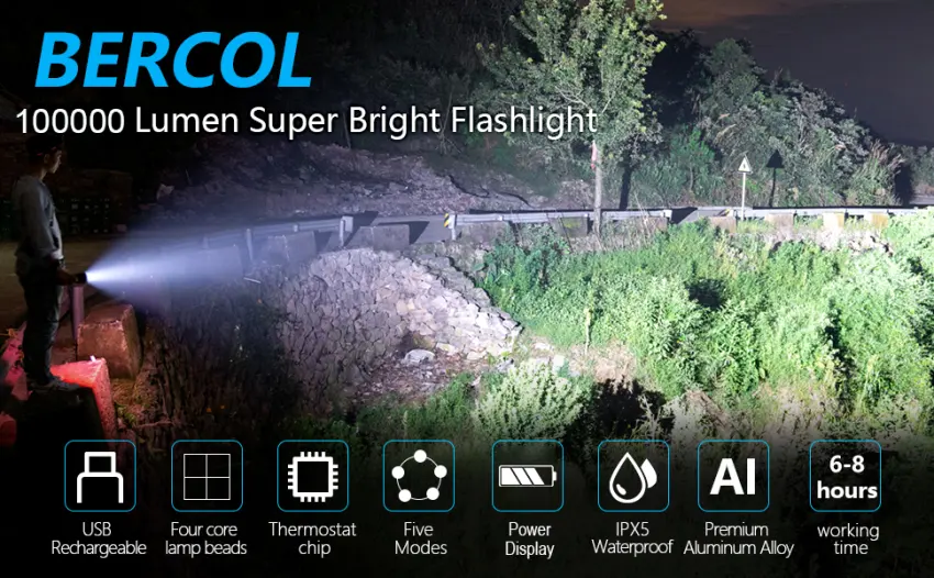 BERCOL Rechargeable LED Flashlights High Lumens, 100000 Lumens Super Bright Powerful Flashlights, 5 Modes, Waterproof Flashlight for Emergencies, Hiking Black - rechargeable flashlights