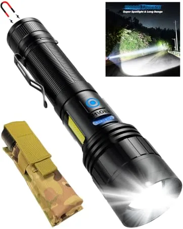 BERCOL Rechargeable LED Flashlights High Lumens, 100000 Lumens Super Bright Powerful Flashlights, 5 Modes, Waterproof Flashlight for Emergencies, Hiking Black - super bright flashlight
