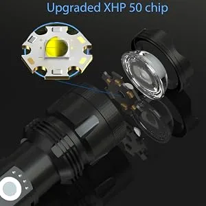 BERCOL Rechargeable LED Flashlights High Lumens, 100000 Lumens Super Bright Powerful Flashlights, 5 Modes, Waterproof Flashlight for Emergencies, Hiking Black - xhp 50 flashlight