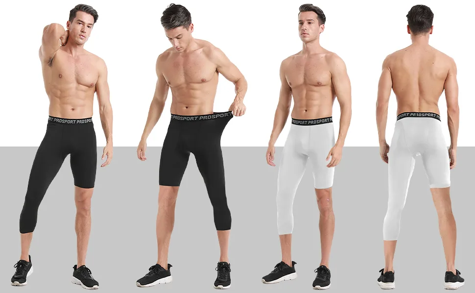Blaward Men's Compression Pants 3/4 One Leg Tights Athletic Base Layer Leggings for Running Yoga Basketball, Pack of 2 Black+white#left Small - 1(1)