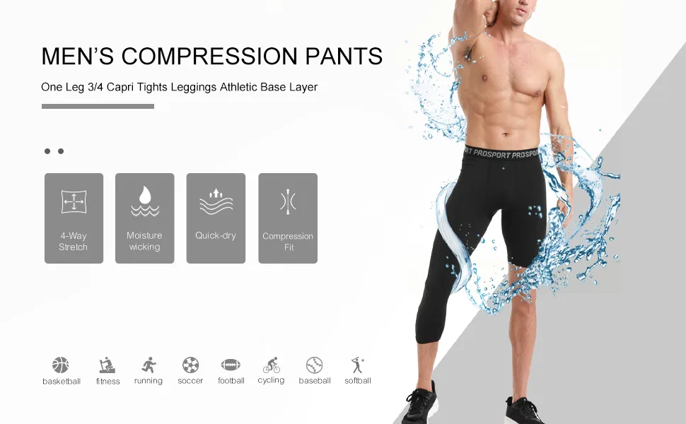 Blaward Men's Compression Pants 3/4 One Leg Tights Athletic Base Layer Leggings for Running Yoga Basketball, Pack of 2 Black+white#left Small - product information 1