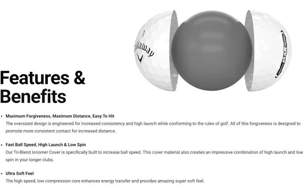 Callaway Supersoft Max Golf Balls 12B PK 2023 Version White - features and benefits