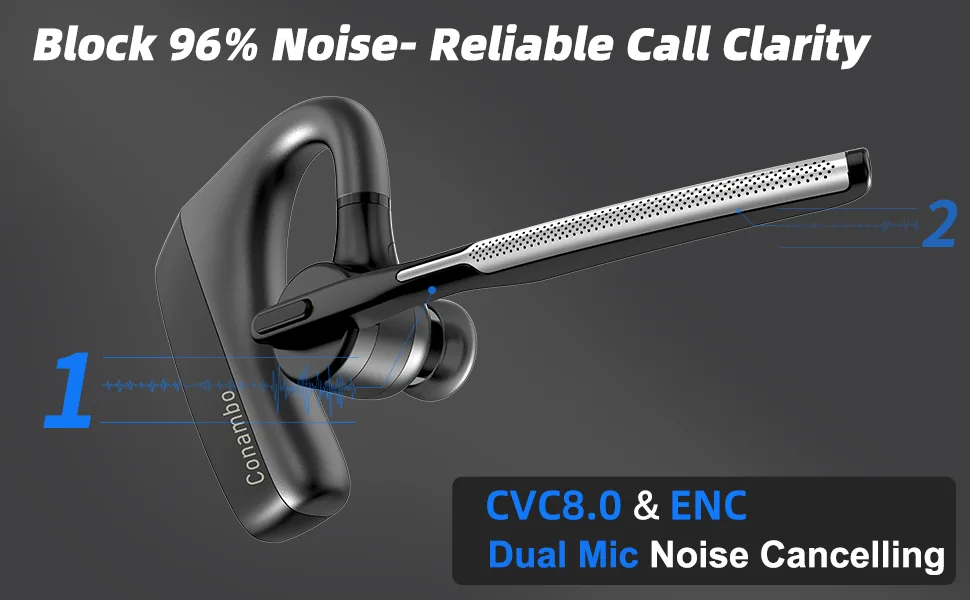 CONAMBO Bluetooth Headset V5.1, 16 Hrs HD Talktime CVC8.0 Dual Mic Noise Cancelling Hands Free Bluetooth Earpiece for Cell Phone iPhone Android Driving Business Office - Bluetooth headset noise cancelling