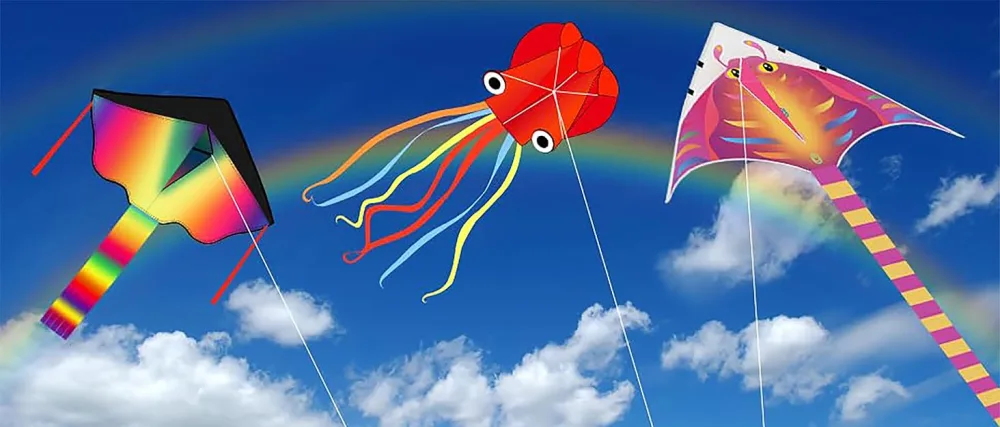 3 Pack Large Kites-Delta Devil Fish Jellyfish Octopus with Long Tail Kites for Kids & Adults Easy to Fly and Assemble, with 3  330 Ft High Strength String Rainbow Delta+Orange Devil Fish+Red Octopus - product information 1
