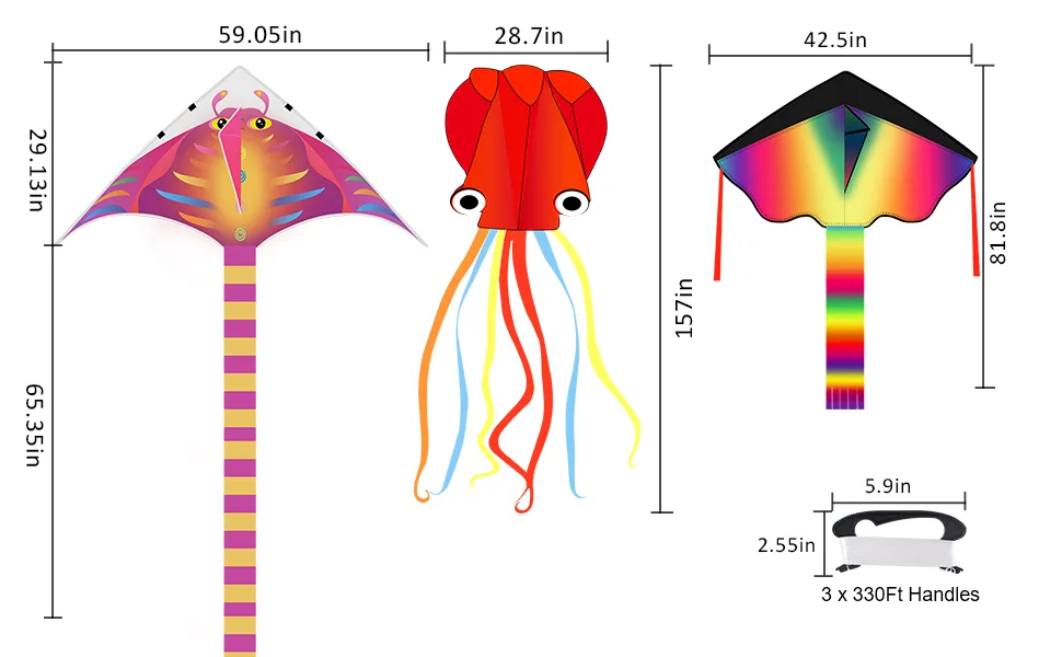 3 Pack Large Kites-Delta Devil Fish Jellyfish Octopus with Long Tail Kites for Kids & Adults Easy to Fly and Assemble, with 3  330 Ft High Strength String Rainbow Delta+Orange Devil Fish+Red Octopus - product information 14