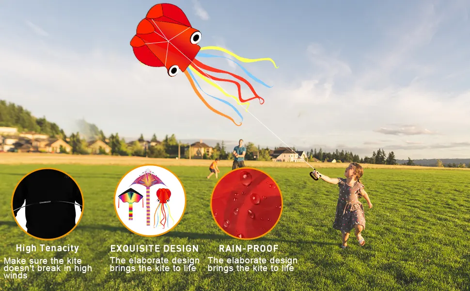 3 Pack Large Kites-Delta Devil Fish Jellyfish Octopus with Long Tail Kites for Kids & Adults Easy to Fly and Assemble, with 3  330 Ft High Strength String Rainbow Delta+Orange Devil Fish+Red Octopus - rainbow, octopus and manta fish kite