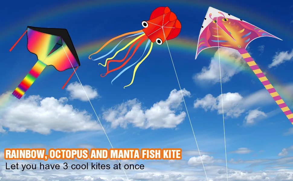 3 Pack Large Kites-Delta Devil Fish Jellyfish Octopus with Long Tail Kites for Kids & Adults Easy to Fly and Assemble, with 3  330 Ft High Strength String Rainbow Delta+Orange Devil Fish+Red Octopus - rainbow, octopus and manta fish kite