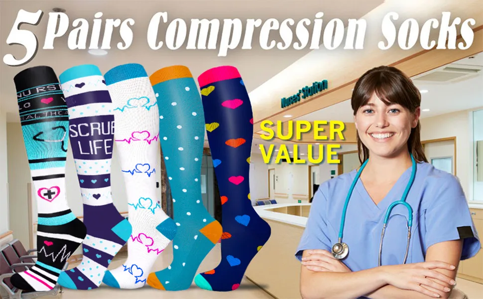 5 Pairs Copper Compression Socks for Women & Men Circulation 20-30mmHg - Best Support for Running Athletics Nursing Travel 01 Green/White/Blue/Sheep Small-Medium - socks