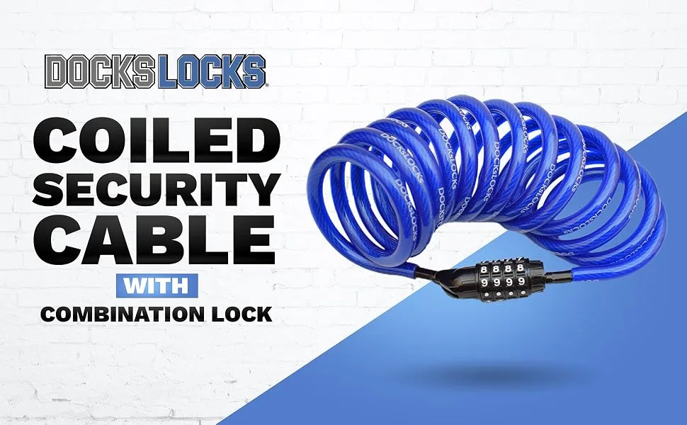 DocksLocks Anti-Theft Weatherproof Coiled Security Cable with Resettable Combination Lock for Kayaks, Bicycles, Paddleboards and More (5', 10', 15', 20' or 25') 10ft - DocksLocks 340 Banner 1