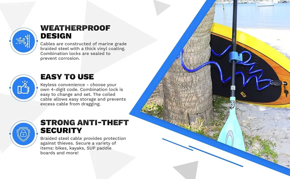 DocksLocks Anti-Theft Weatherproof Coiled Security Cable with Resettable Combination Lock for Kayaks, Bicycles, Paddleboards and More (5', 10', 15', 20' or 25') 10ft - DocksLocks 340 Banner 2