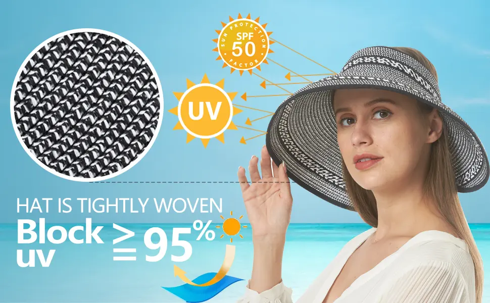 Women Sun Visors Foldable Straw Hats Summer Beach Packable Hat Floppy Wide Brim Cap Deep Style, Adjustable Size Khaki 3 - product information 3