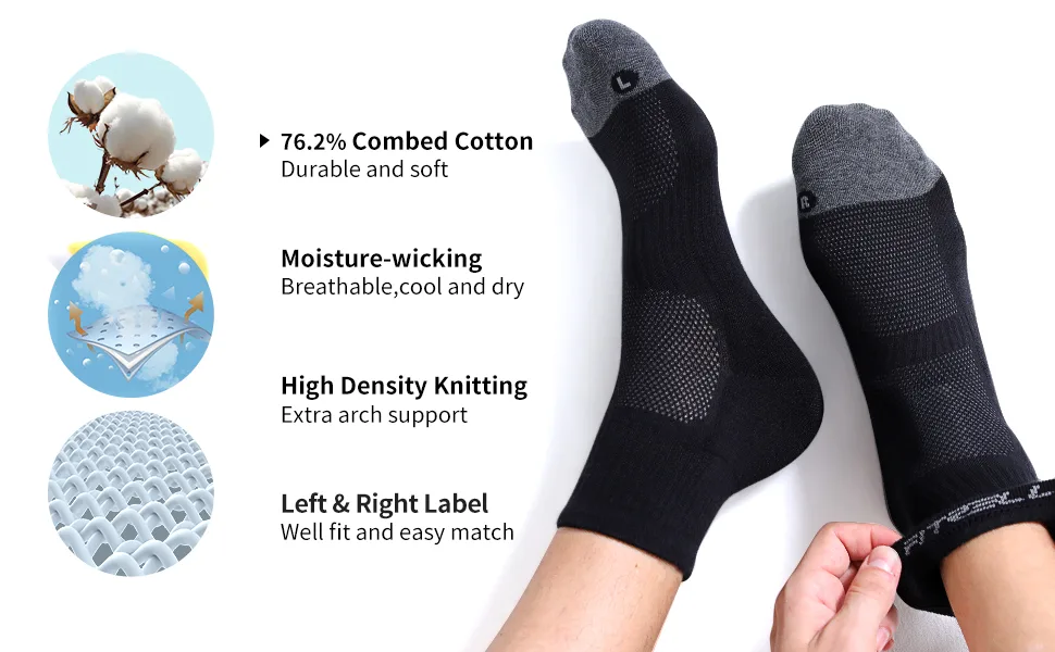 FITRELL 6 Pack Men's Athletic Ankle Socks Cushioned Sports Running Socks 7-9/9-12/12-15 White 9-12 - 76.2% Combed Cotton, Moisture-wicking, High Density Knitting, Left & Right Label