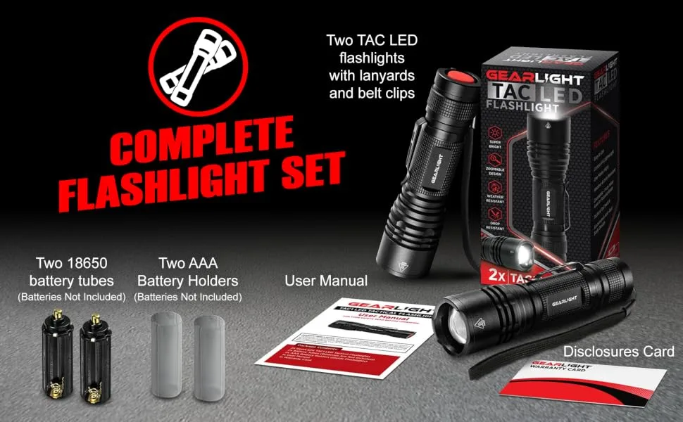 GearLight TAC LED Flashlight Pack - 2 Super Bright, Compact Tactical Flashlights with High Lumens for Outdoor Activity & Emergency Use - Gifts for Men & Women - Black - Complete Flashlight Set