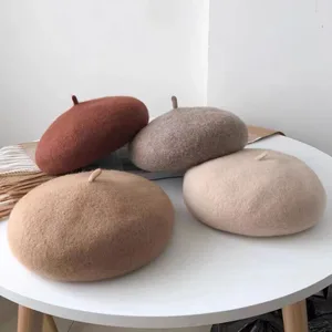 Gllutt Women Wool Beret Hat French Style Solid Color Pink - beret pile