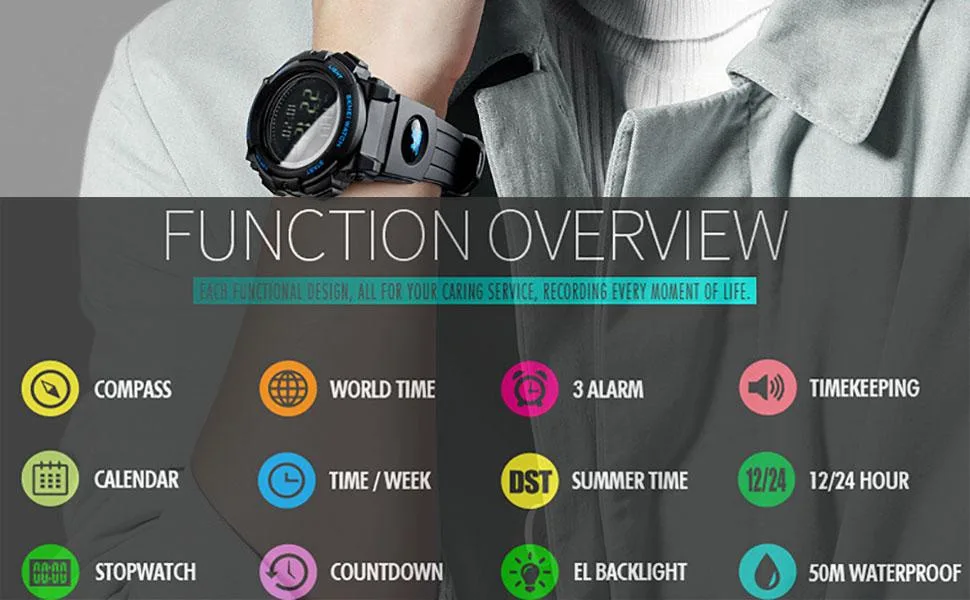 Mens Military Sports Digital Watch with Survival Compass 50M Waterproof Countdown 3 Alarm Stopwatch Black - 1290