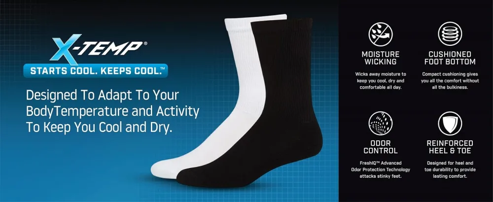 Hanes Men's Socks, X-Temp Performance Crew Socks, 6-Pack 6-12 Black - Hanes X-Temp starts cool keeps cool