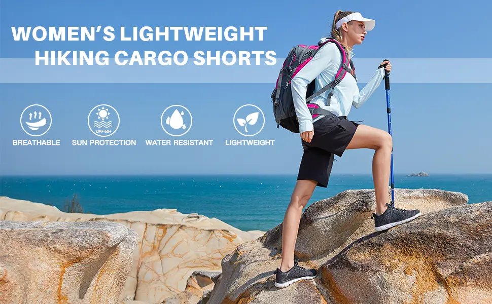 Women's Lightweight Hiking Cargo Shorts Quick Dry Athletic Shorts for Camping Travel Golf with Zipper Pockets Water Resistant Black Medium - product information 2