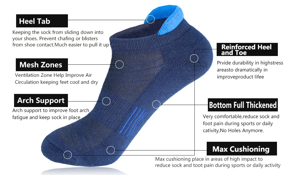 Men's Low Cut Ankle Athletic Socks Cushioned Breathable Running Performance Sport Tab cotton Socks(5 pack) Blue/Brown/Gray/Black/Darkred - socks