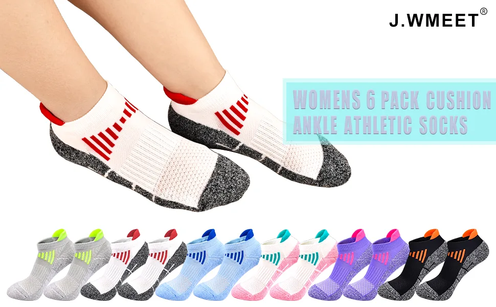 J.WMEET Womens Ankle Athletic Socks Low Cut Cushioned Breathable Running Performance Sport Tab Cotton Socks 6 Pack Multicoloured - womens ankle socks