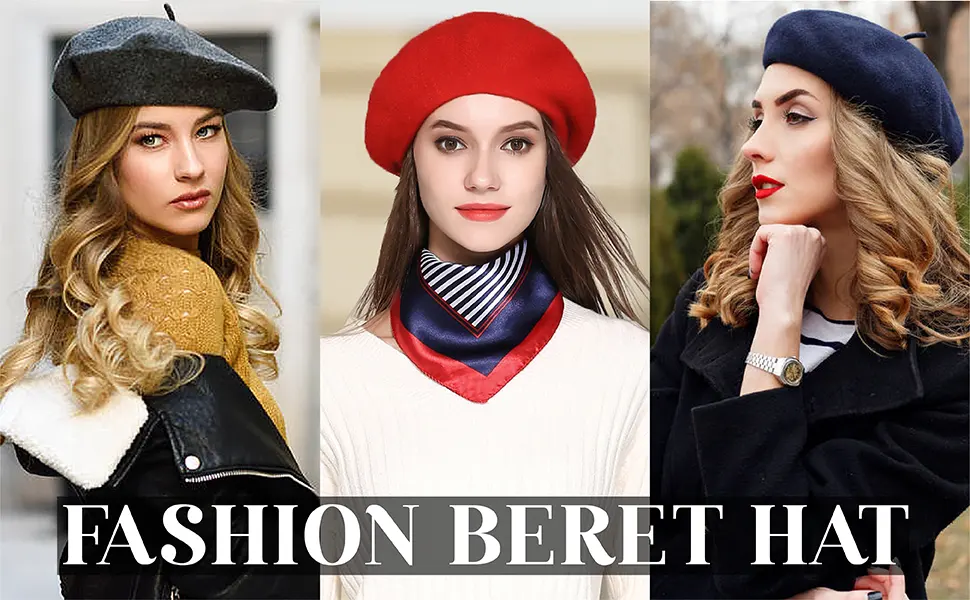 Jeicy Wool Beret Hat Solid Color French Beret with Skily Scarf and Brooch Black - beret hat