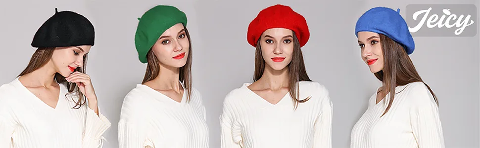 Jeicy Wool Beret Hat Solid Color French Beret with Skily Scarf and Brooch Black - beret hat