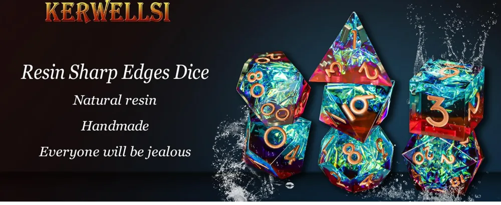 KERWELLSI DND Sharp Edged Dice Set, 7pcs Resin Dice Set, Translucent Polyhedral Dice Set for Dungeons and Dragons, Handmade RPG Role Playing Game Dice Set D20 D12 D10 D8 D6 D4 with Gift Box Flowers & Rainbow - KERWELLSI Handmade Sharp Edged Dice Set for RPG Role Playing Game