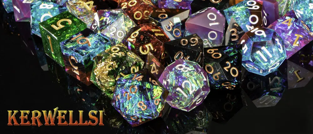 KERWELLSI DND Sharp Edged Dice Set, 7pcs Resin Dice Set, Translucent Polyhedral Dice Set for Dungeons and Dragons, Handmade RPG Role Playing Game Dice Set D20 D12 D10 D8 D6 D4 with Gift Box Flowers & Rainbow - KERWELLSI Resin Sharp Edged Dice Set