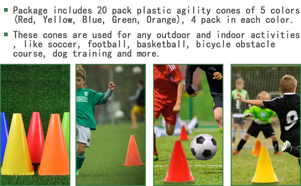KUQQI 7 Inch Plastic Agility Cones 20 Pack Set, Sports Soccer Flexible Cone for Training, Party, Activity, Traffic(Multicolor) - product information 3
