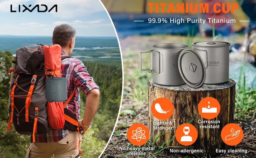 Lixada Titanium Pot, Camping Pot Titanium Cup Tianium Backpacking Pot with Partable Foldable Handles for Outdoor Camping Hiking Backpacking 750 ML - product information 1