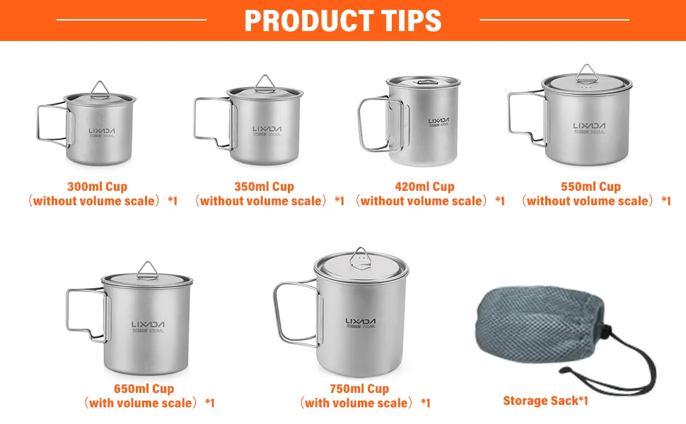Lixada Titanium Pot, Camping Pot Titanium Cup Tianium Backpacking Pot with Partable Foldable Handles for Outdoor Camping Hiking Backpacking 750 ML - product information 10
