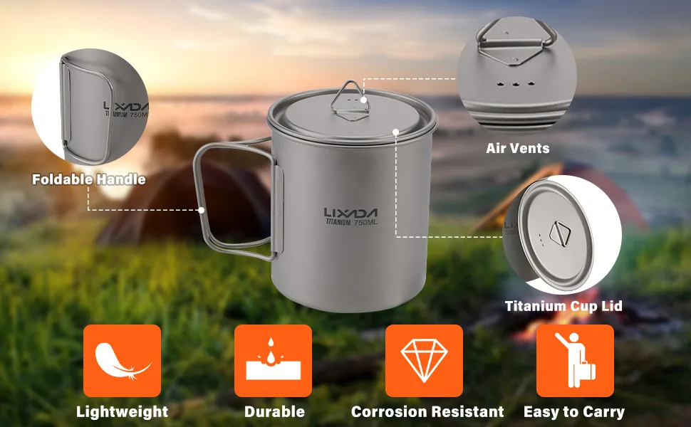 Lixada Titanium Pot, Camping Pot Titanium Cup Tianium Backpacking Pot with Partable Foldable Handles for Outdoor Camping Hiking Backpacking 750 ML - product information 2