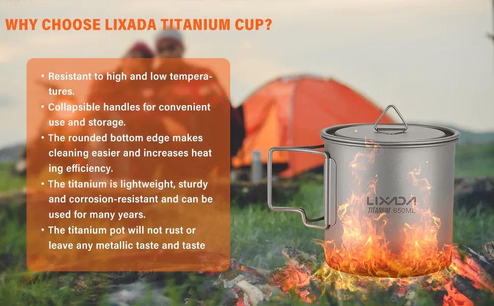 Lixada Titanium Pot, Camping Pot Titanium Cup Tianium Backpacking Pot with Partable Foldable Handles for Outdoor Camping Hiking Backpacking 750 ML - product information 9