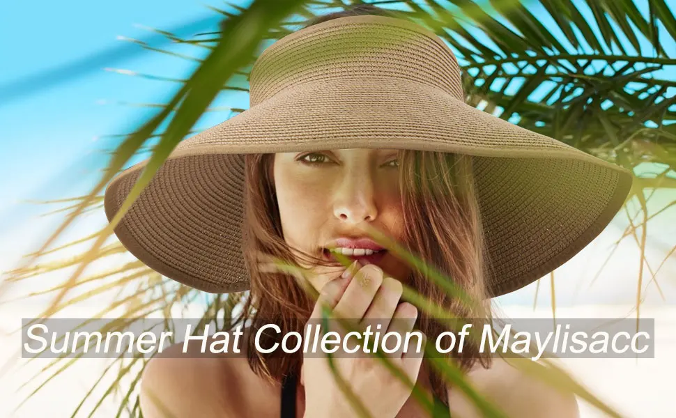 MAYLISACC Foldable Straw Sun Visors for Women, Sun Protecetion Wide Brim Sun Hats Adjustable Topless Beach Hat Khaki - sun visors for women