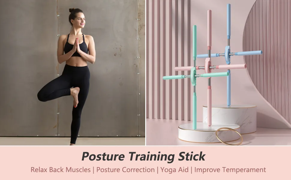 Meideli Yoga Sticks Training for Posture Corrector, Retractable Humpback Correction Stick Open Shoulders & Back, Yoga Sticks Stretching Tool for Child, Teenager, Adults Pink - Posture Training Stick