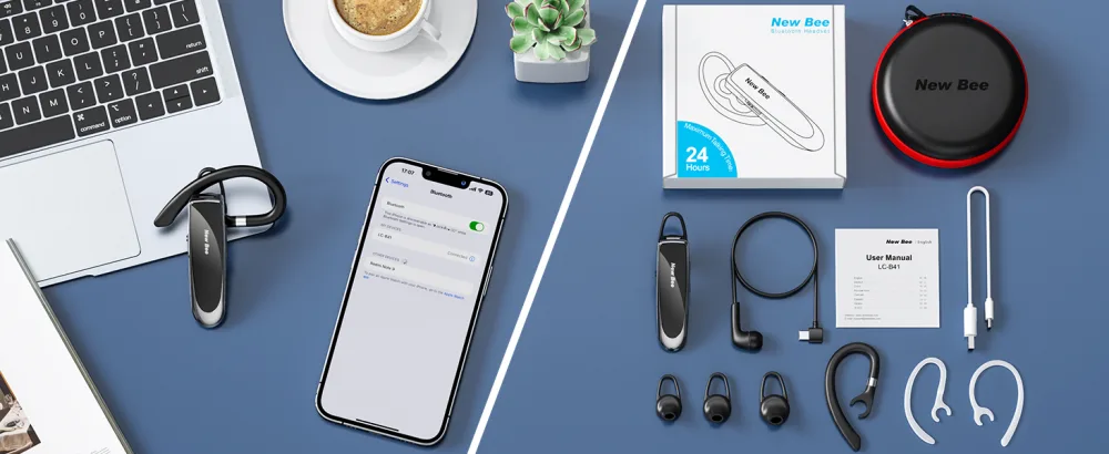 New bee 2 Pack Bluetooth Earpiece V5.0 Wireless Handsfree Headset 24 Hrs Driving Headset 60 Days Standby Time with Noise Cancelling Mic Headsetcase for iPhone Android Laptop Truck Driver(White) - New bee bluetooth earpiece