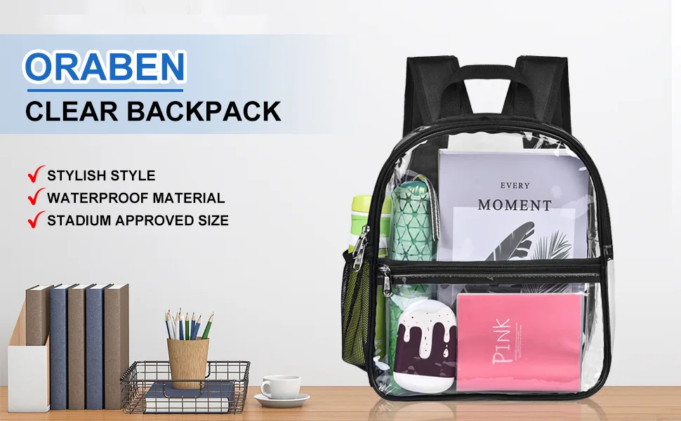 Oraben Clear Backpack Stadium Approved 12126, Small Clear Backpack Transparent Backpack for Sports Event Concert Black - clear backpack