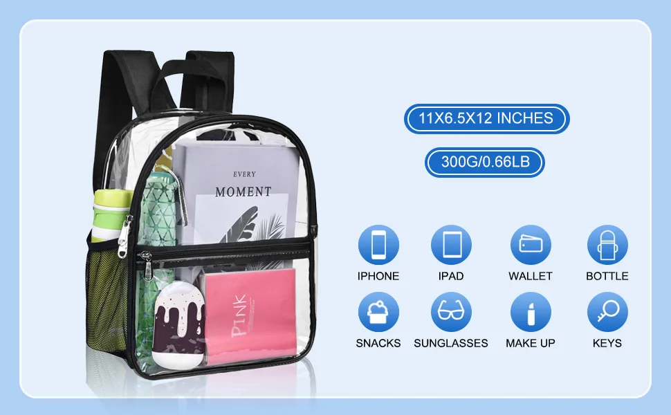 Oraben Clear Backpack Stadium Approved 12126, Small Clear Backpack Transparent Backpack for Sports Event Concert Black - clear backpack