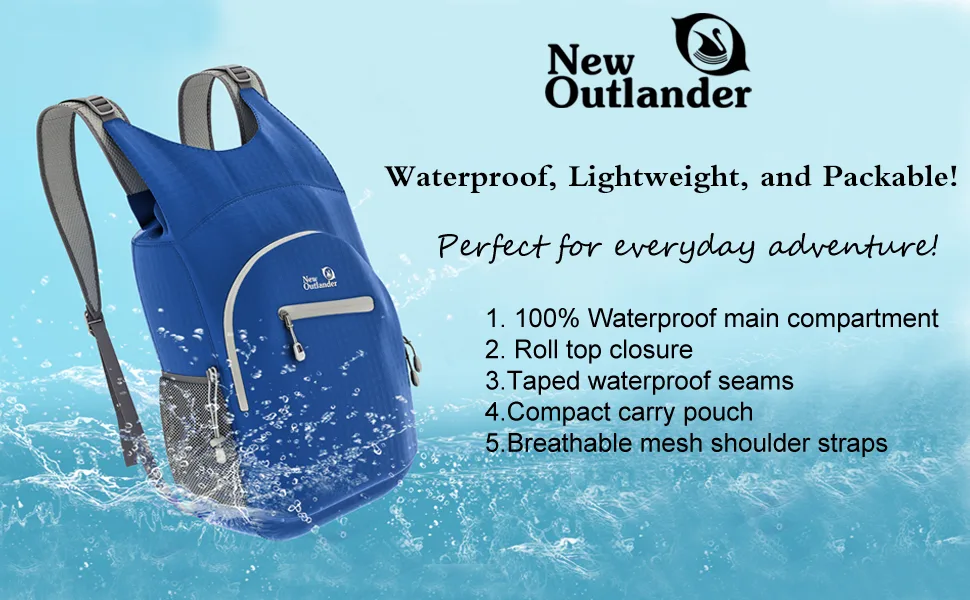 Outlander 100% Waterproof Hiking Backpack Lightweight Packable Travel Daypack Black 25L - WATERPROOF